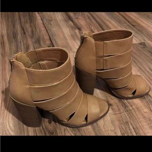 Brown strap open toe booties size 6